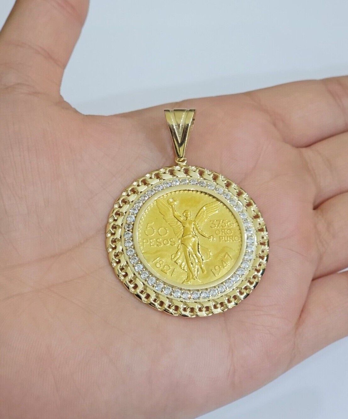 10k Gold Mexican Centenario Copy Coin Charm 50 Pesos Bezel 10kt Pendant Replica