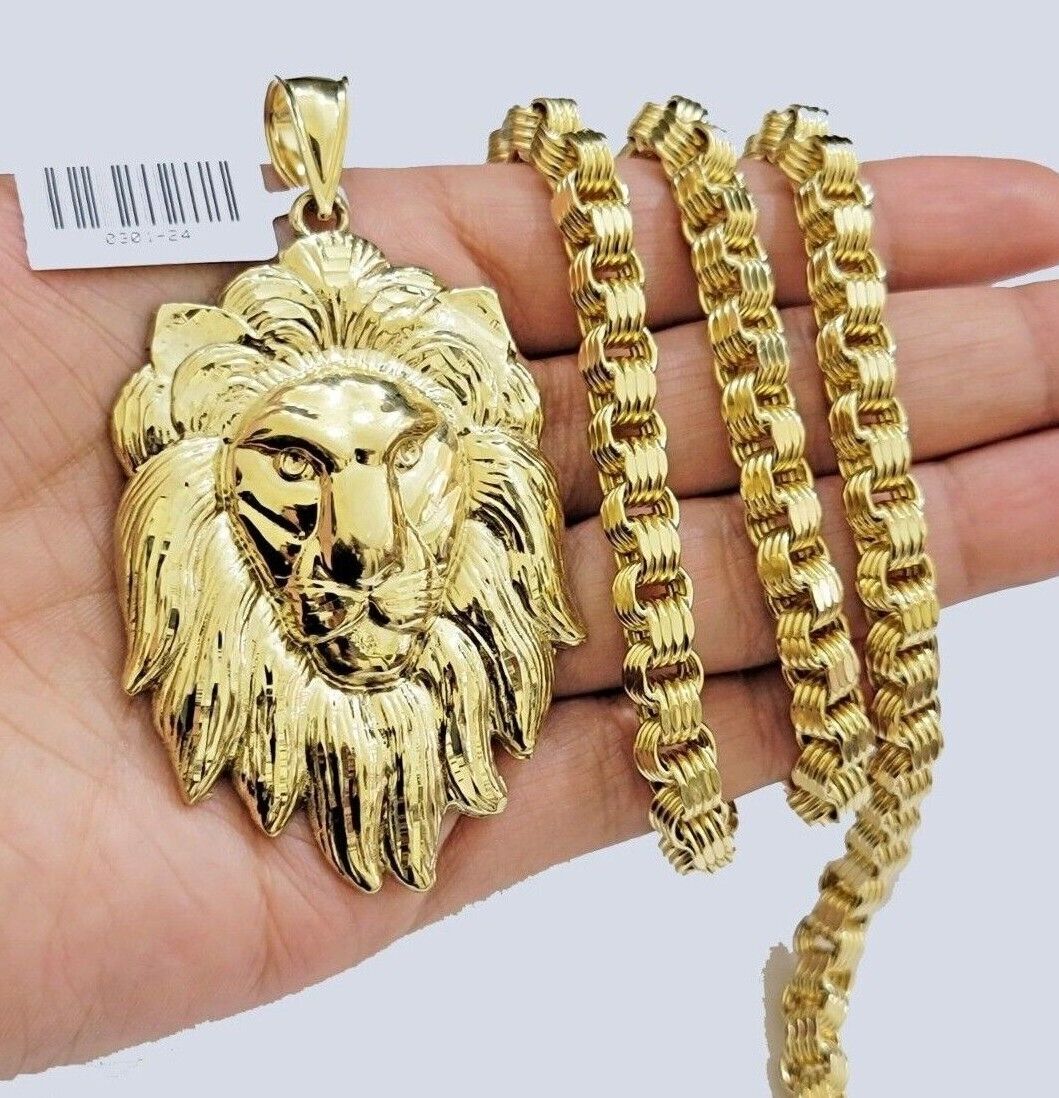 Real 10kt Gold Box Byzantine Necklace Lion Charm Pendant SET Chain 6mm 24 Inches