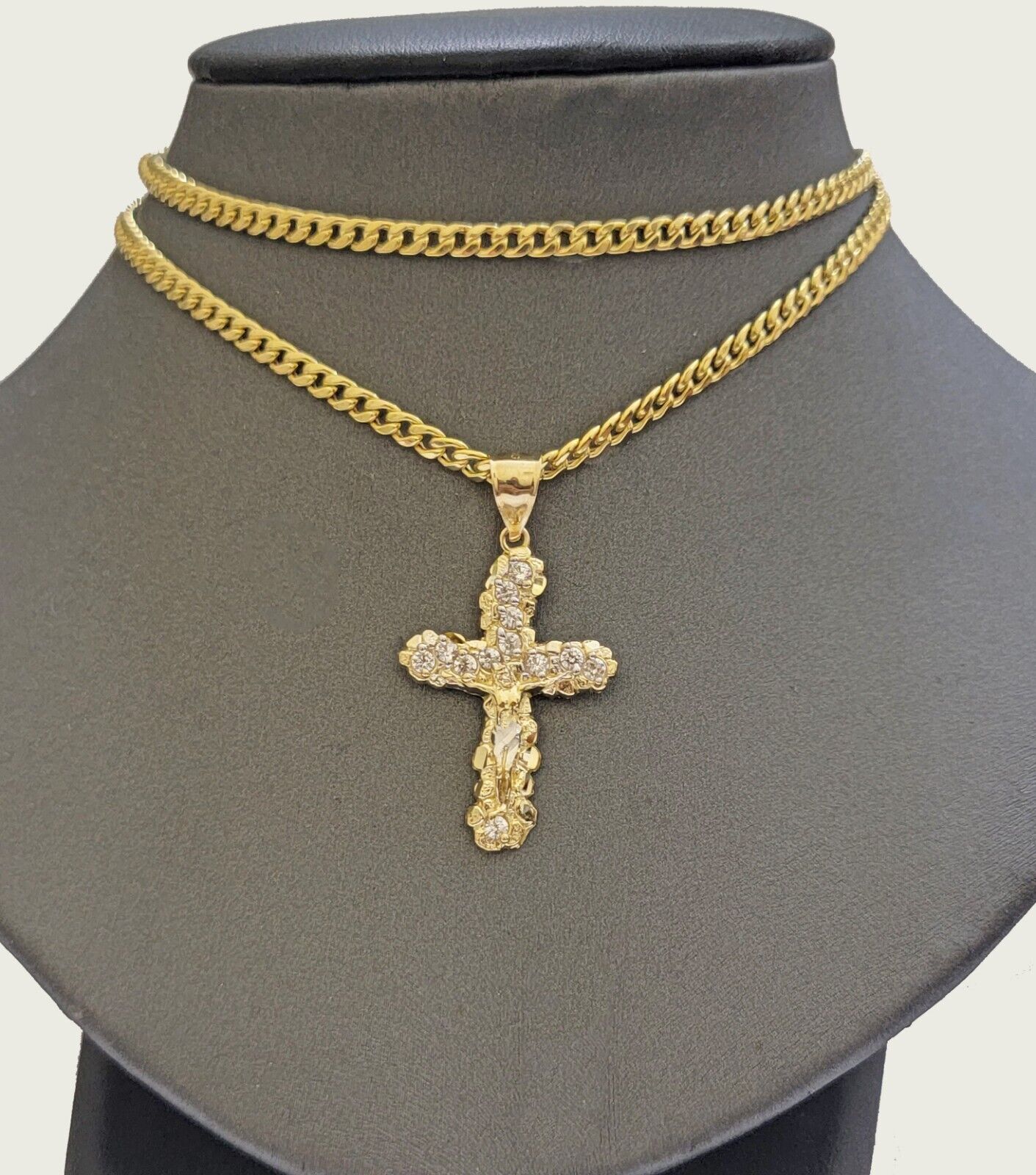 Real 10k Gold Cross Charm Pendant Chain SET 18-26" Miami Cuban Link Necklace Men