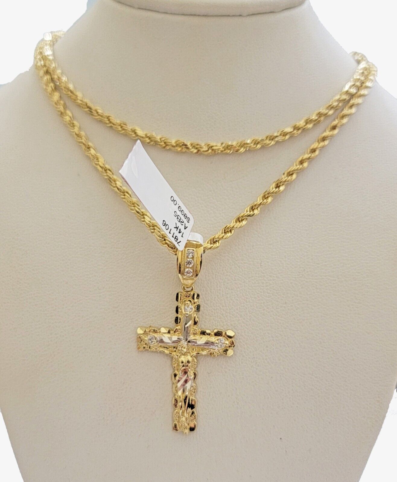 Real 14k Gold Rope Chain Necklace Jesus Cross Charm Pendant Set 16-28" inch 3mm