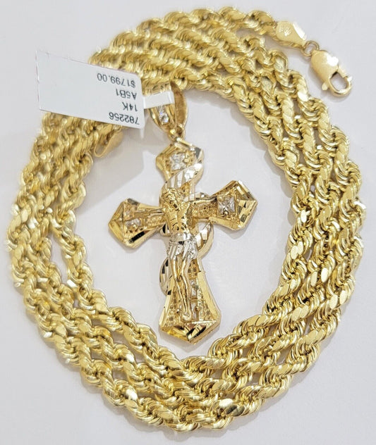 14k Gold Rope Chain Necklace Jesus Cross Charm Pendant Set 18-28" inch 5mm, REAL