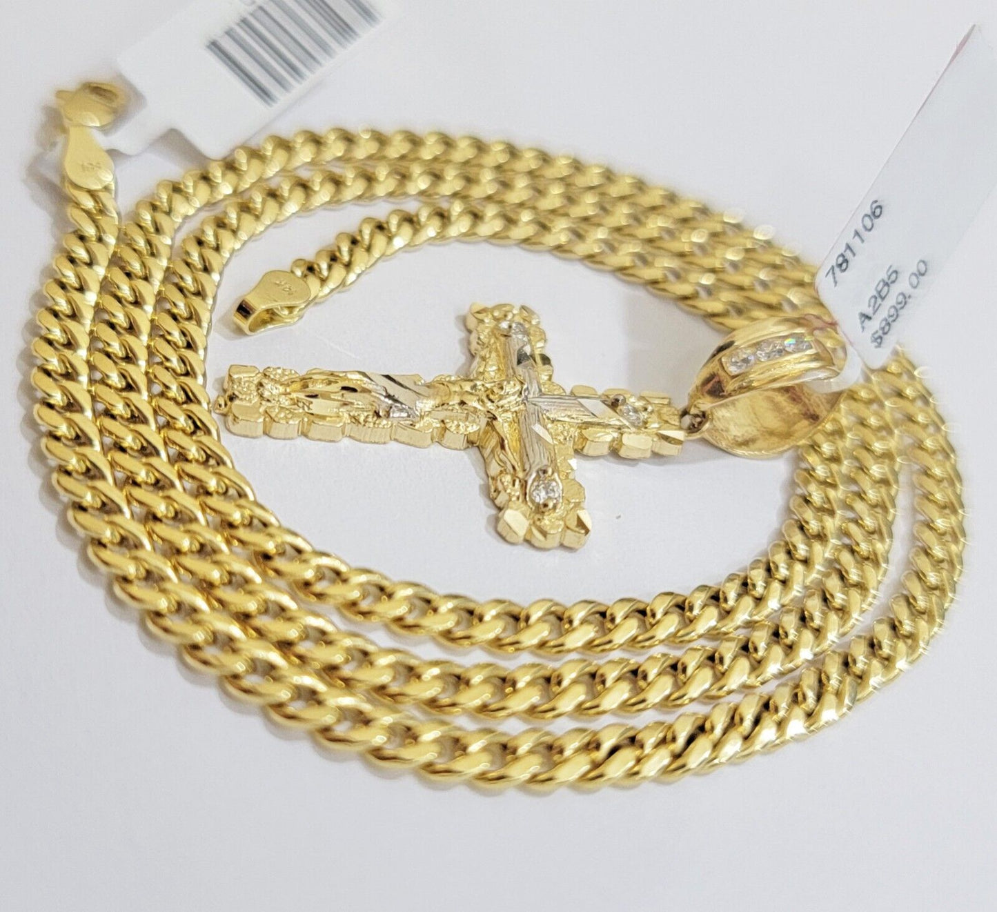 10k Yellow Gold Cross Charm Pendant 22 Inch Miami Cuban Link Chain Necklace SET