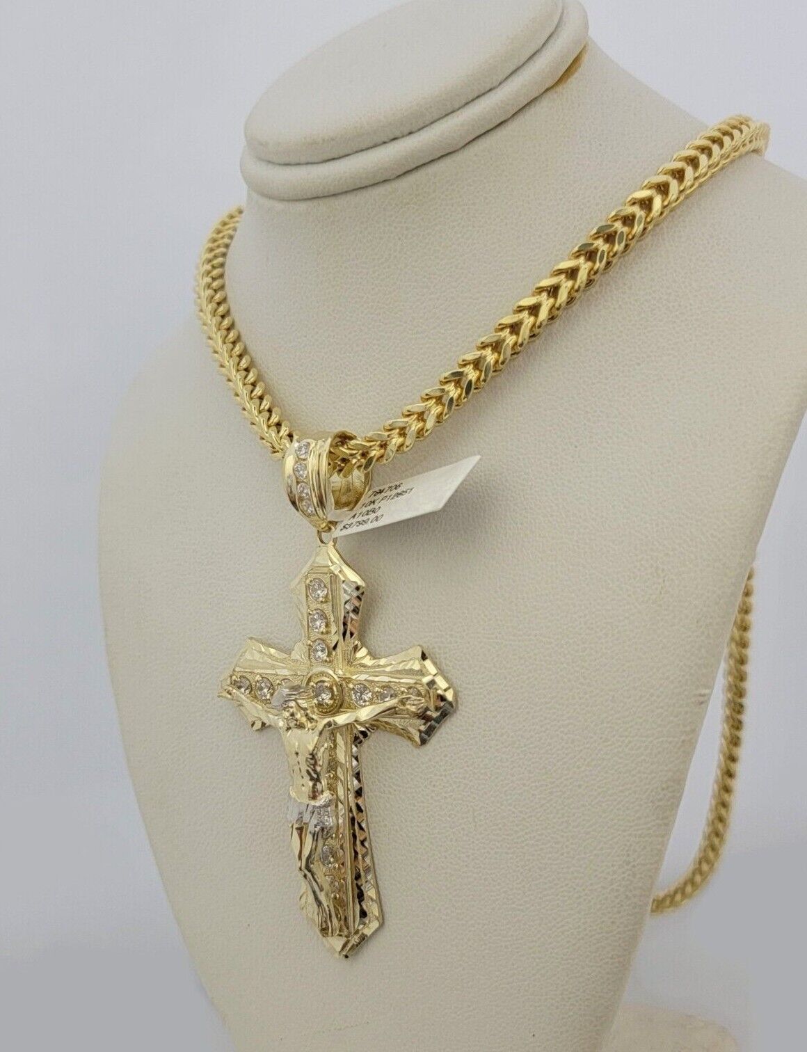 10k Yellow Gold Franco Chain Necklace Jesus Cross Charm Pendant 5mm 20-26 Inches