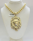 10kt Real Gold Box Byzantine Necklace Lion Charm Pendant SET Chain 6mm 20 Inches