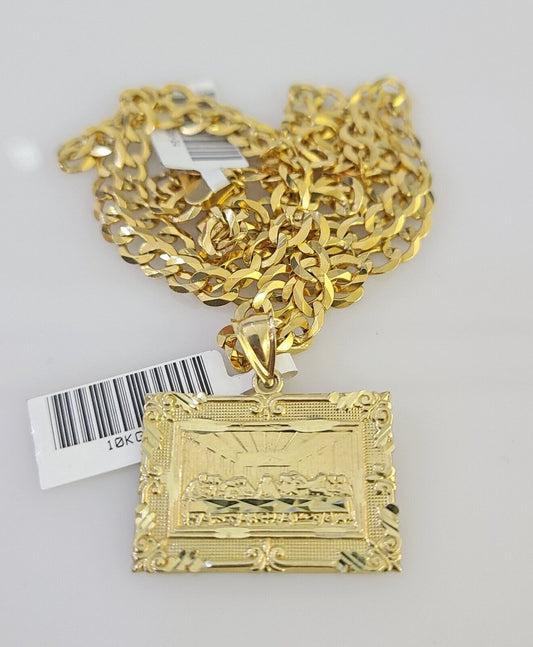 10k Gold Chain Necklace Last Supper Pendant Set Cuban Curb 5mm 20"-28" Charm