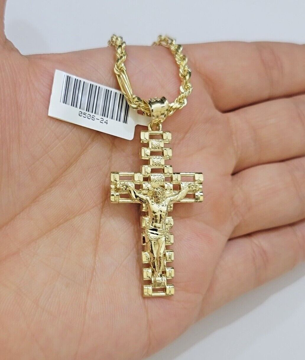 10k Gold Milano Rope Chain Jesus Cross Charm Pendant Set 18-24'' Inches Necklace