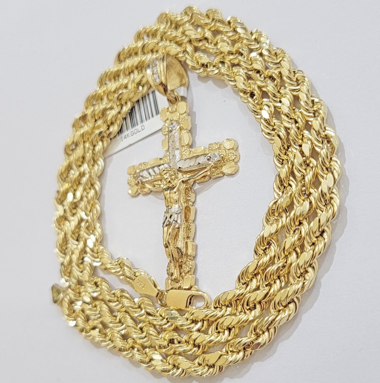 14k Gold Rope Chain Necklace Jesus Cross Charm Pendant Set 20-28