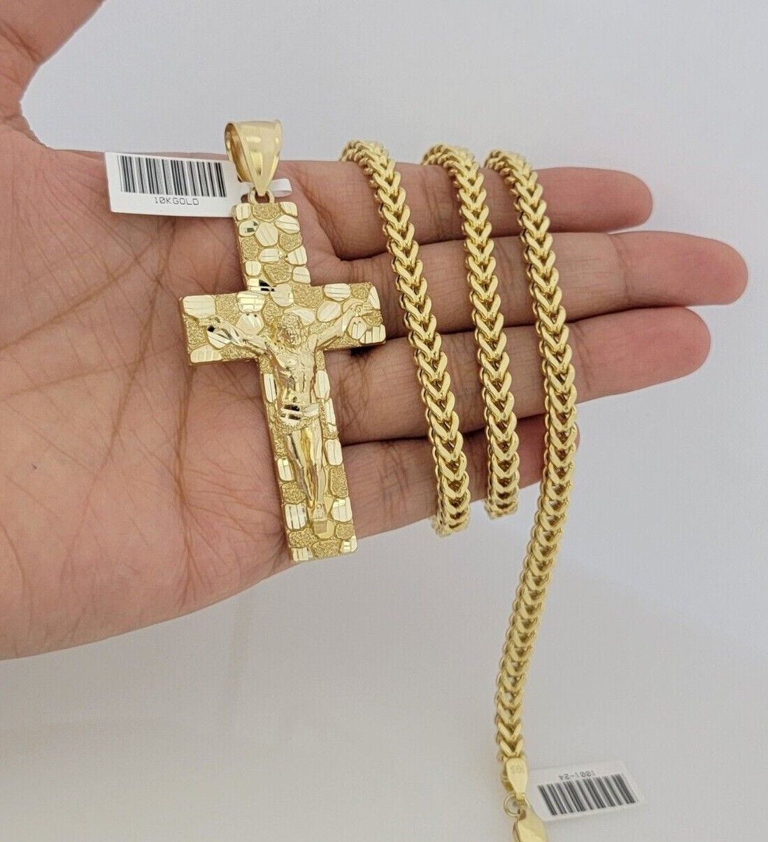 10kt Yellow Gold Franco Chain Necklace Nugget Cross Charm Pendant 5mm 20-26 Inch