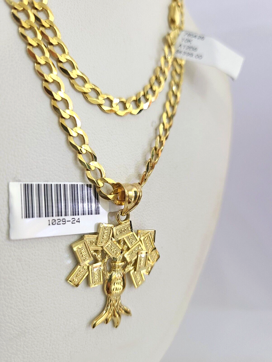 10k Gold Chain Necklace Money Tree Pendant Set Cuban Curb 5mm 20"-28" Charm