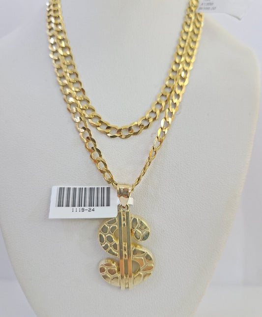 10k Gold Chain Necklace Dollar Pendant Set Cuban Curb 5mm 20"-28" Charm