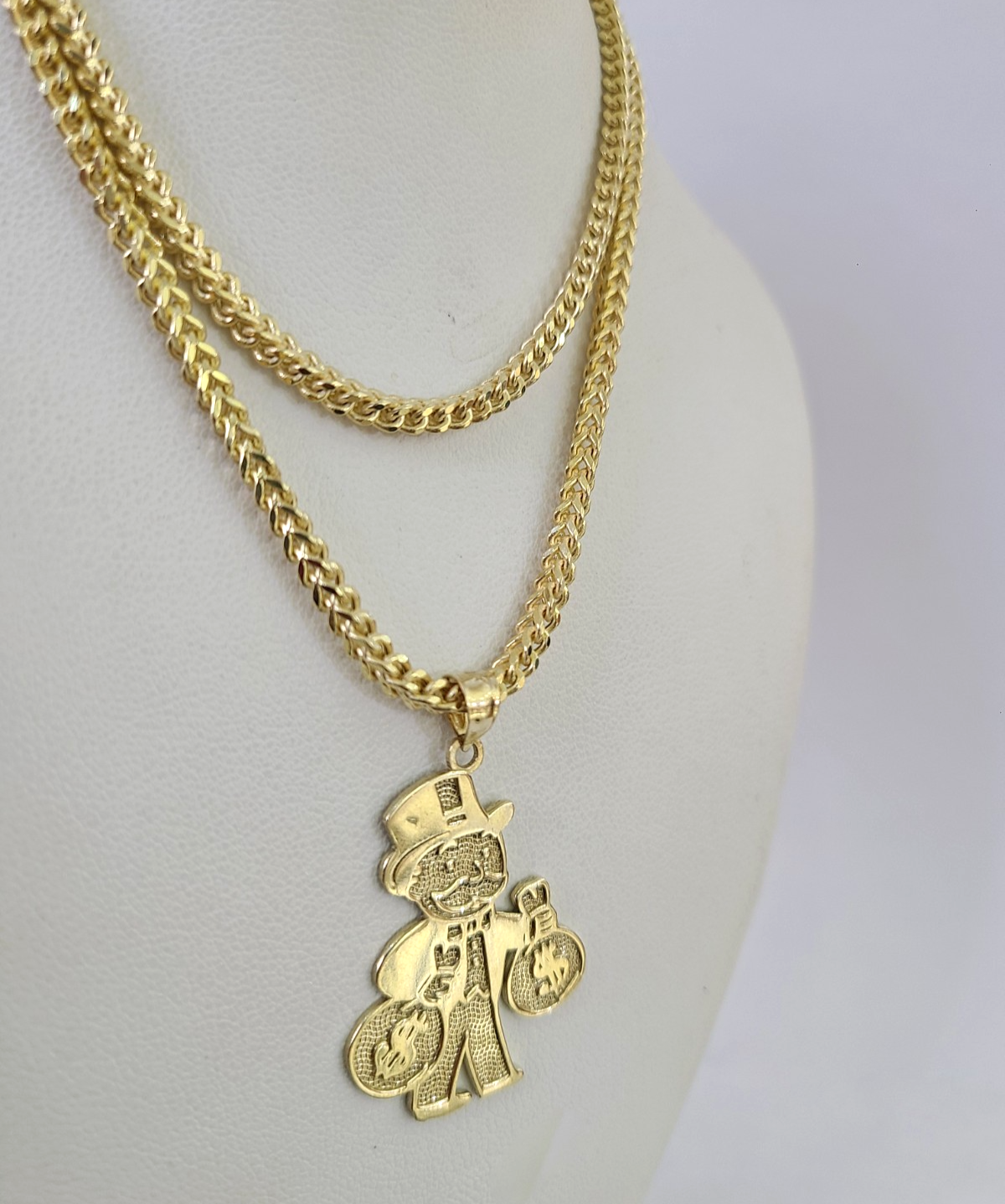 10kt Franco Chain Necklace Grandpa Money Bag Charm Pendant 3mm 18-28 Inches Gold