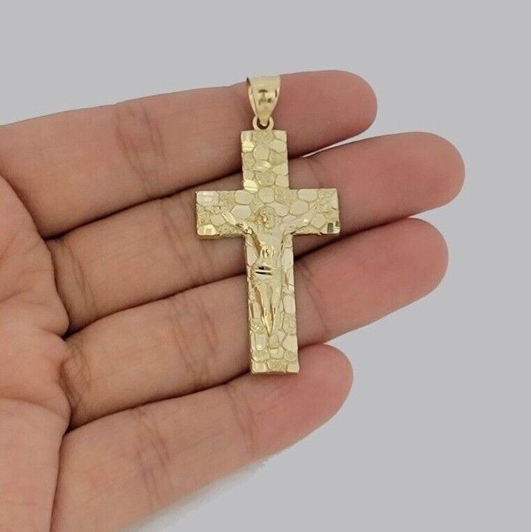 10k Gold Franco Chain Jesus Nugget Cross Charm Pendant 2mm 16-24 Inches Necklace