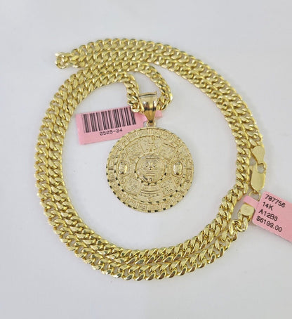 Real 14k Gold Chain Mayan Calendar Set 14kt Miami Cuban Link Chain 5mm Charm