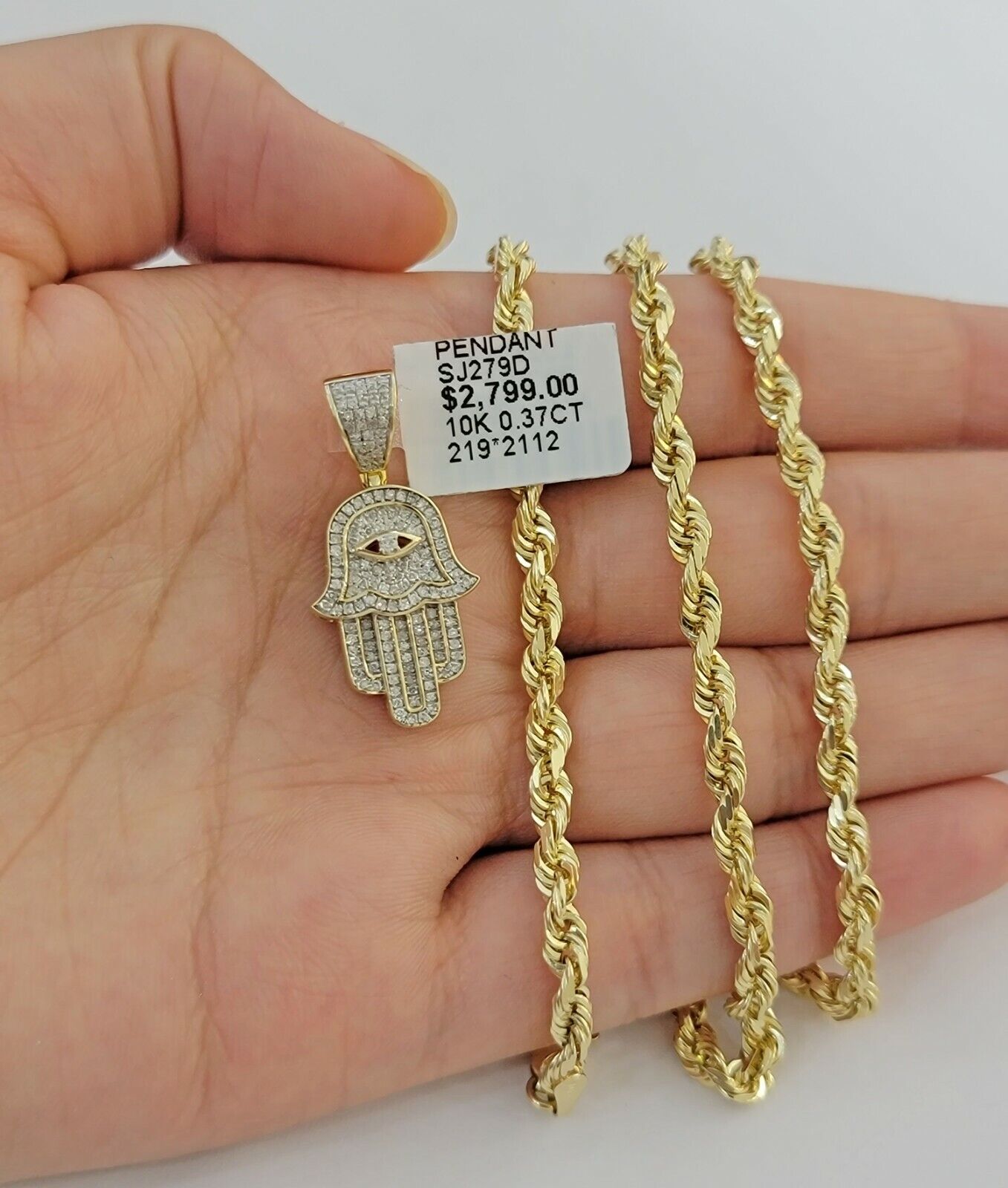 10k Gold Rope Chain necklace Hamsa Diamond Pendant Hamza Charm Necklace REAL