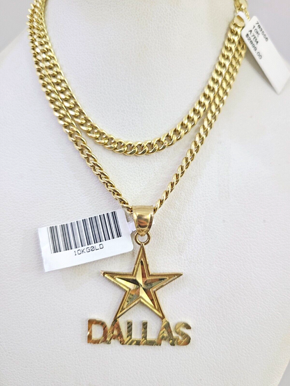 10k Gold Chain Dallas Star Pendant Set Miami Cuban Necklace 4mm 18"-26" Charm