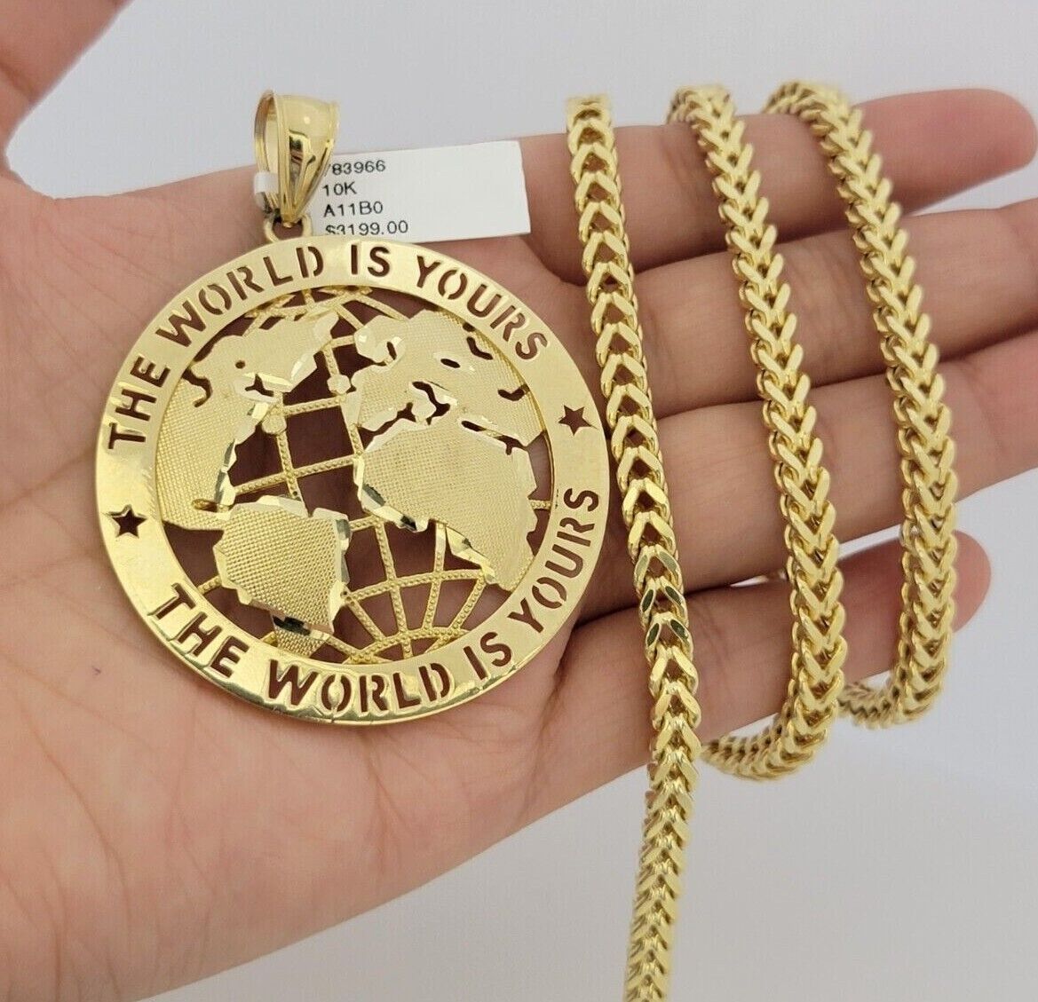 10k Yellow Gold Franco Chain Necklace World Map Charm Pendant 5mm 20-26'' Inches