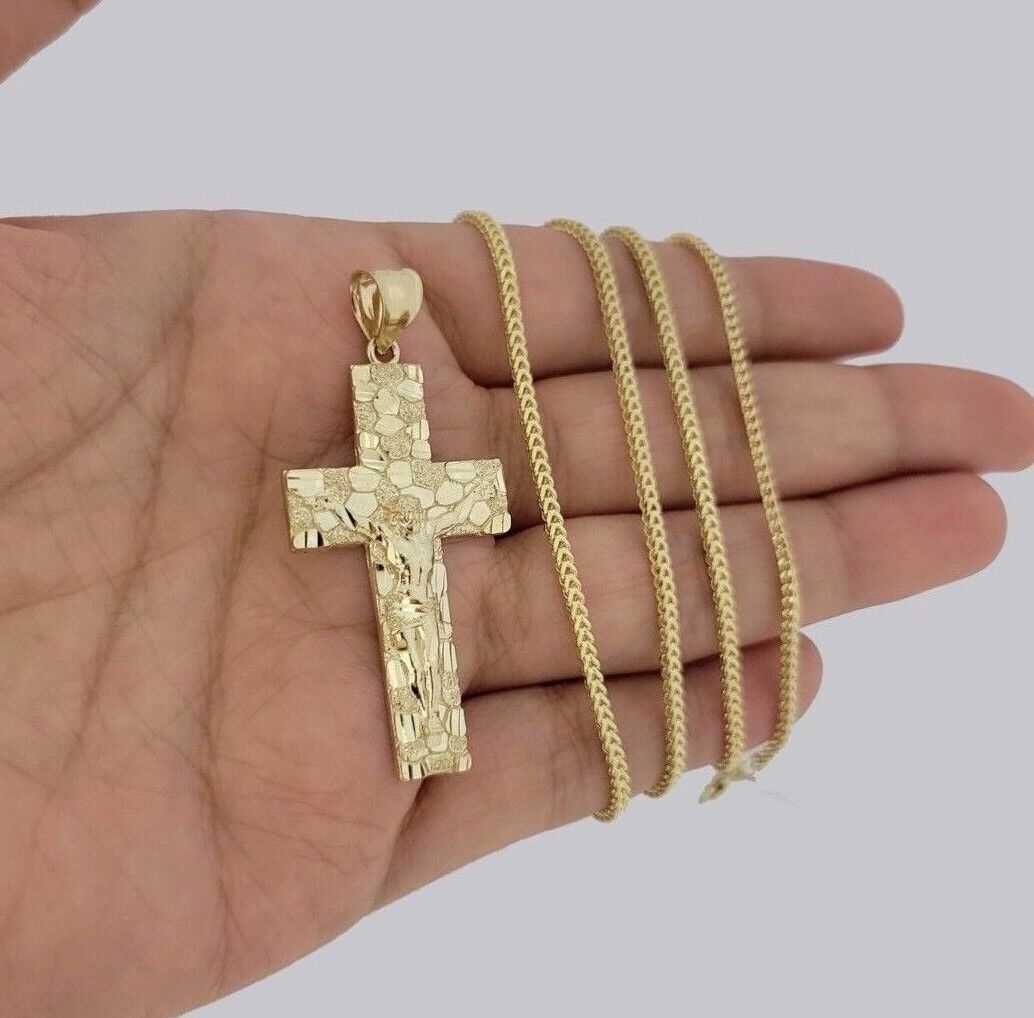 10k Gold Franco Chain Jesus Nugget Cross Charm Pendant 2mm 16-24 Inches Necklace