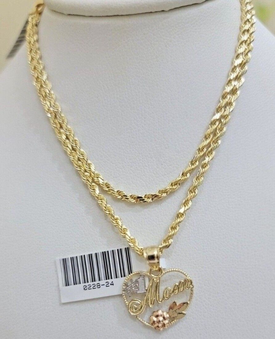 10k Gold Rope Chain Mom Heart Charm Pendant Set 16-28'' Inch 2.5mm Necklace REAL