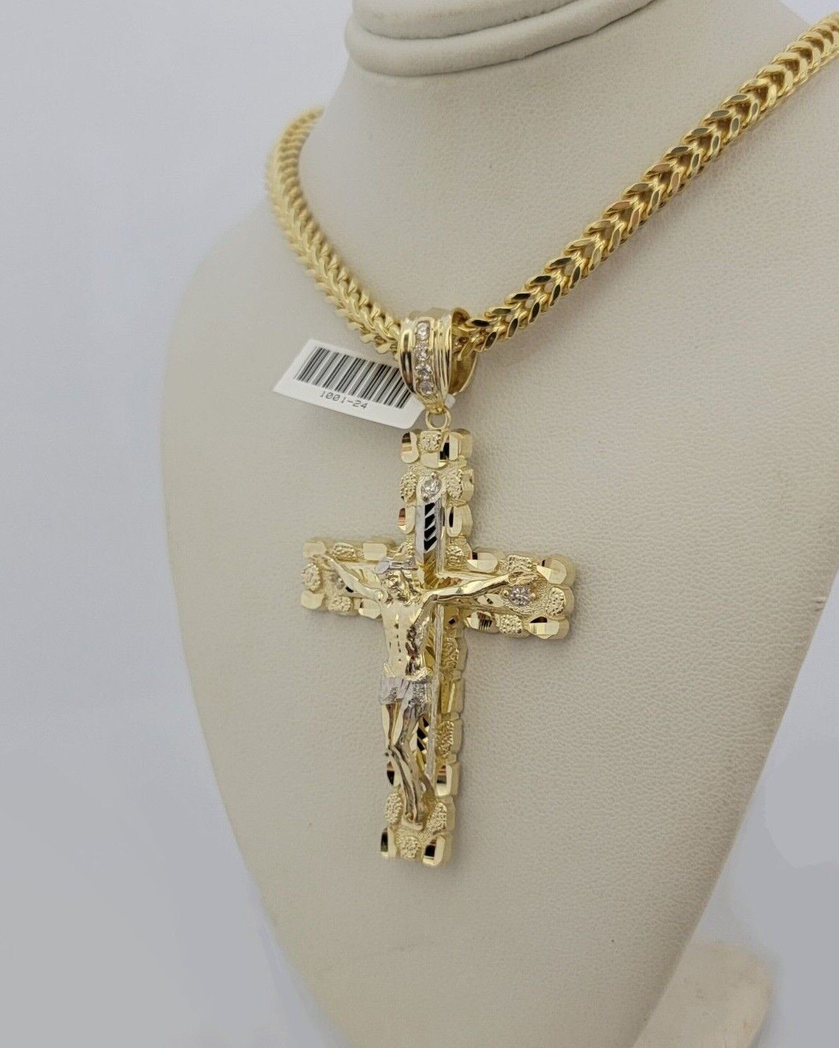 10kt Yellow Gold Franco Chain Necklace Nugget Cross Charm Pendant 5mm 20-26 Inch