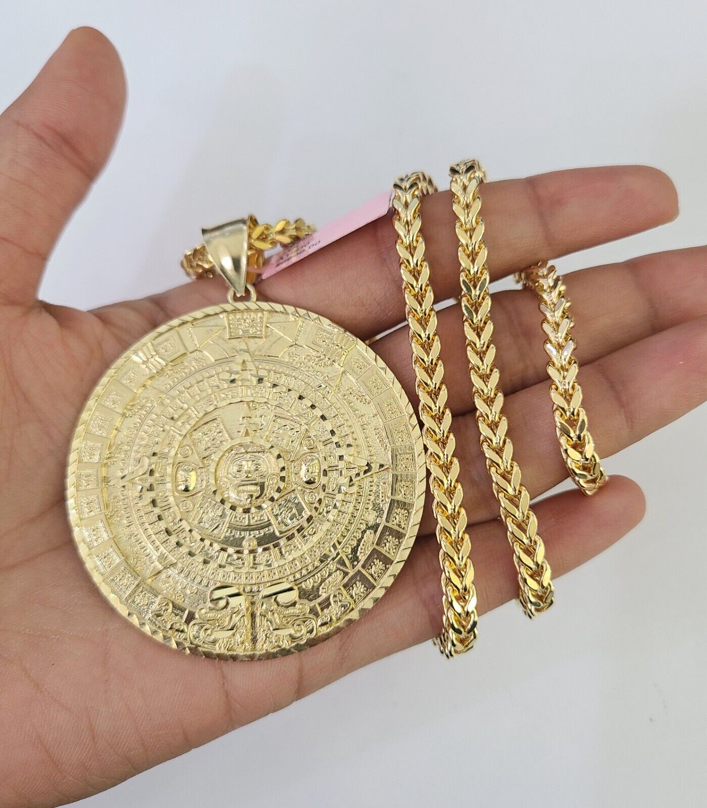 14k Yellow Gold Franco Chain Necklace Mayan Calendar Charm Pendant 4mm 22"Inch