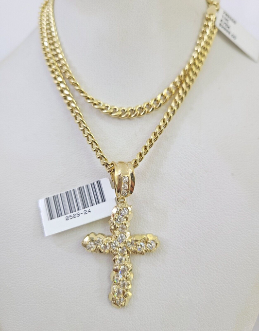 10k Gold Chain Jesus Cross Pendant Set Miami Cuban Necklace 4mm 18"-26" Charm