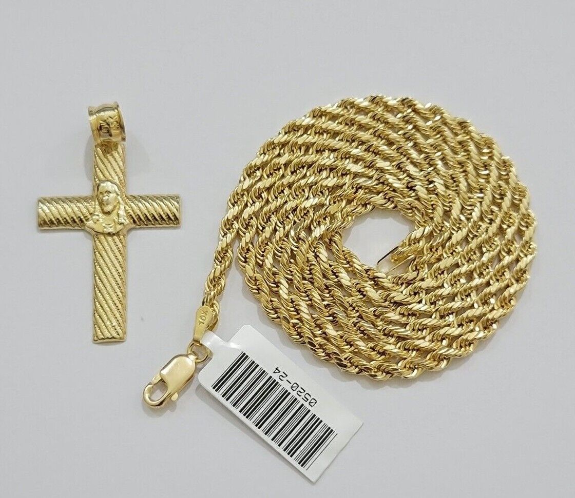 10k Yellow Gold Rope Chain Jesus Cross Charm Pendant Set 18-28'' Inches Necklace