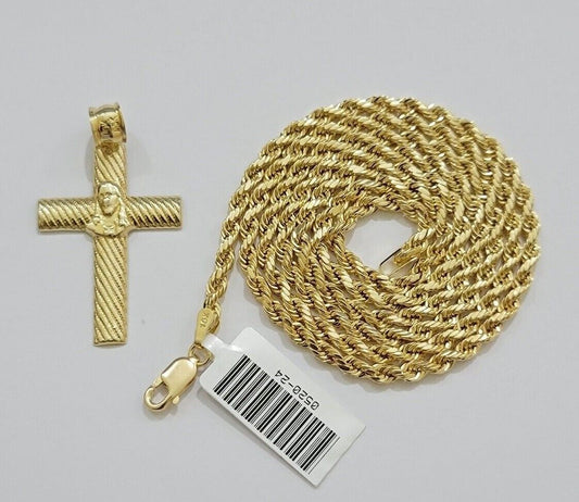 10k Yellow Gold Rope Chain Jesus Cross Charm Pendant Set 18-28'' Inches Necklace