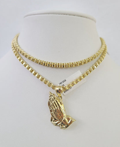 Real 10k Gold Byzantine Necklace Praying Hands Charm SET Chain 18"-30" 3mm