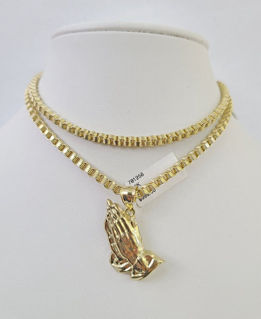 Real 10k Gold Byzantine Necklace Praying Hands Charm SET Chain 18"-30" 3mm