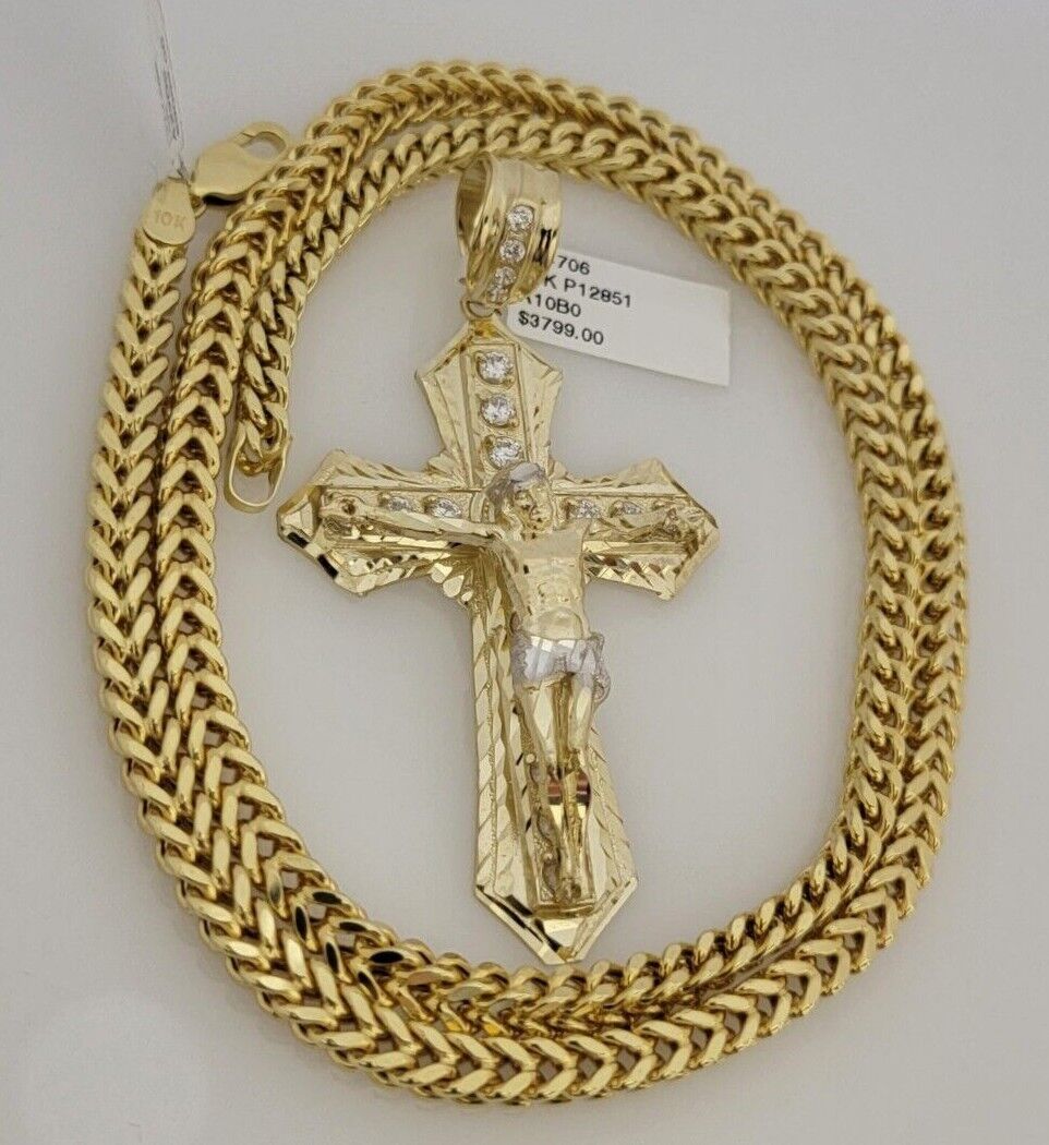 10k Yellow Gold Franco Chain Necklace Jesus Cross Charm Pendant 5mm 20-26 Inches