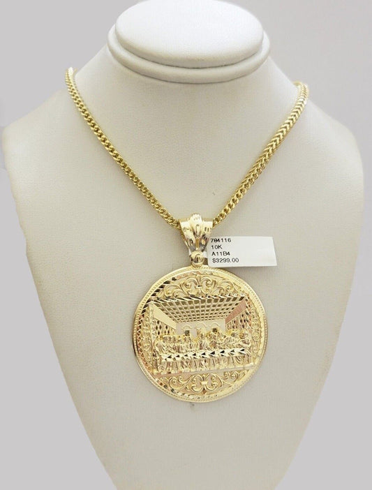 10k Yellow Gold Franco Chain Necklace Last Supper Charm Pendant 3mm 22"Inch SALE