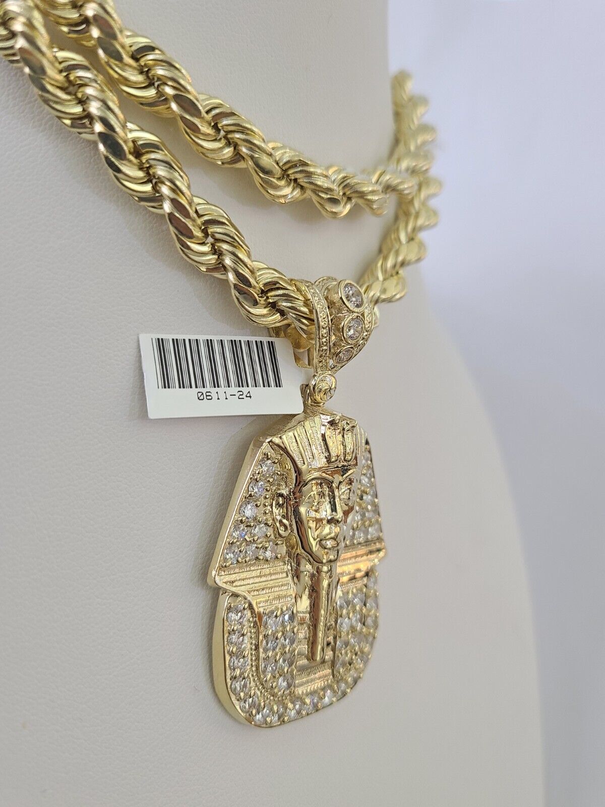 10k Yellow Gold Rope Chain Pharaoh Charm Pendant 18-30''Inch 8mm Necklace