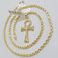 10k Gold Rope Chain Ankh Cross Charm Pendant Set 18"-28" inch 3mm Necklace, REAL