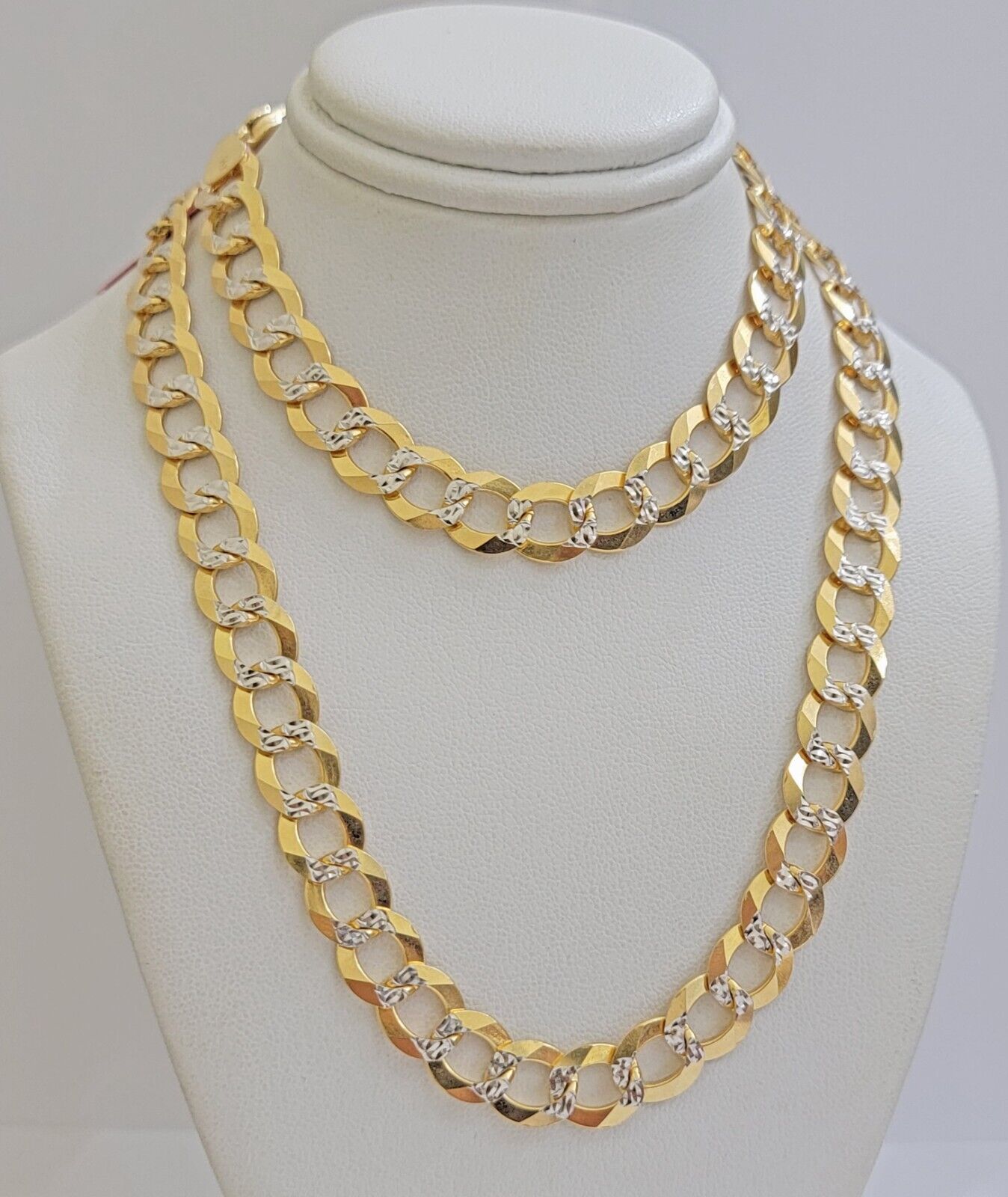 Solid 14k Gold Chain necklace Cuban Curb Link  9.5mm Two-Tone Diamond Cut 20-30"