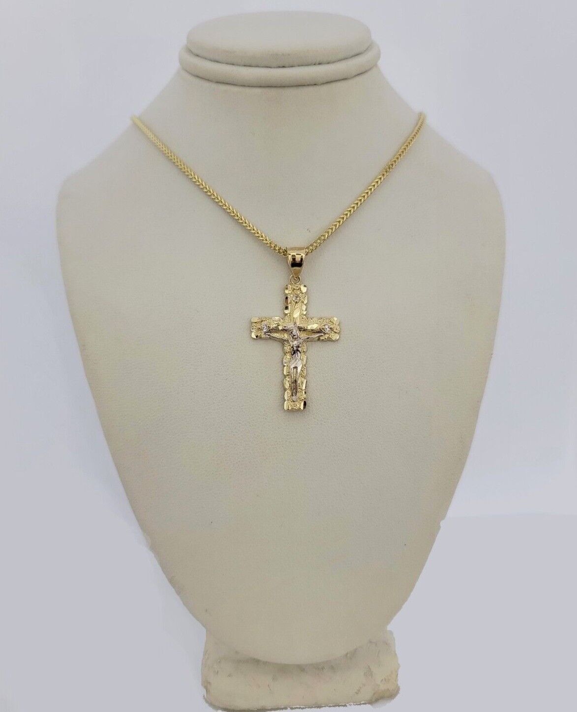 10k Gold Franco Chain Jesus Crucifix Cross Charm Pendant 2mm 16-24 Inch Necklace