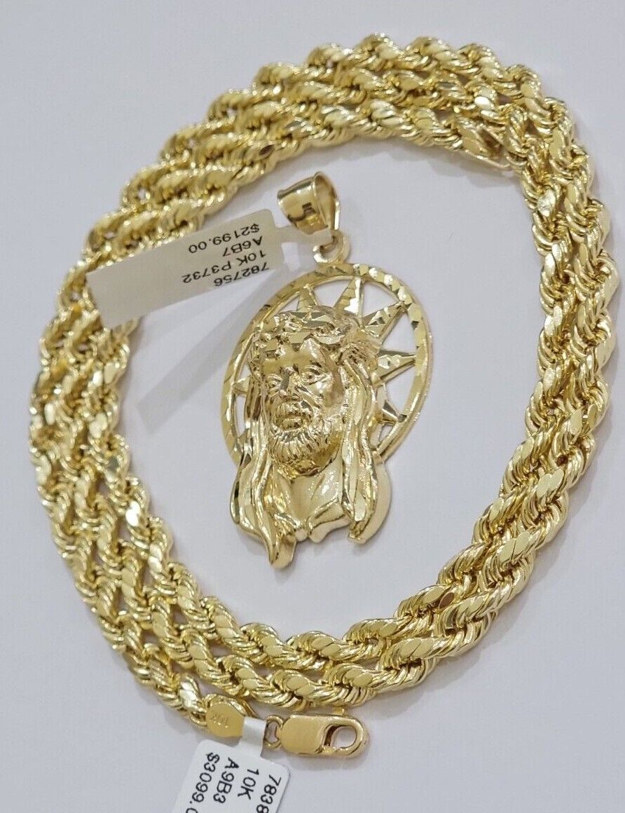 10kt Gold Rope Chain Jesus Head Charm Pendant Set 18-30'' Inch 5mm Necklace SALE