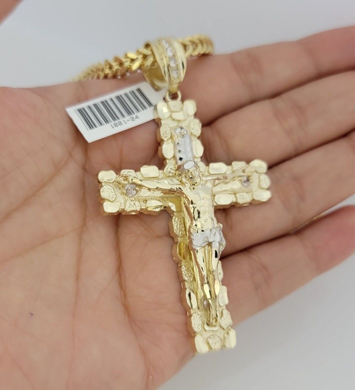 10kt Yellow Gold Franco Chain Necklace Nugget Cross Charm Pendant 5mm 20-26 Inch