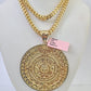 14k Yellow Gold Franco Chain Necklace Mayan Calendar Charm Pendant 4mm 22"Inch