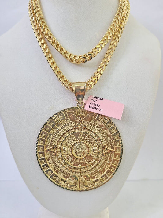 14k Yellow Gold Franco Chain Necklace Mayan Calendar Charm Pendant 4mm 22"Inch