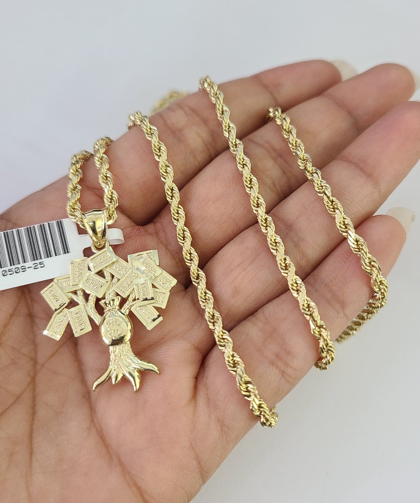 REAL 10k Rope Chain Money Tree Charm Pendant 3mm Necklace Set 18
