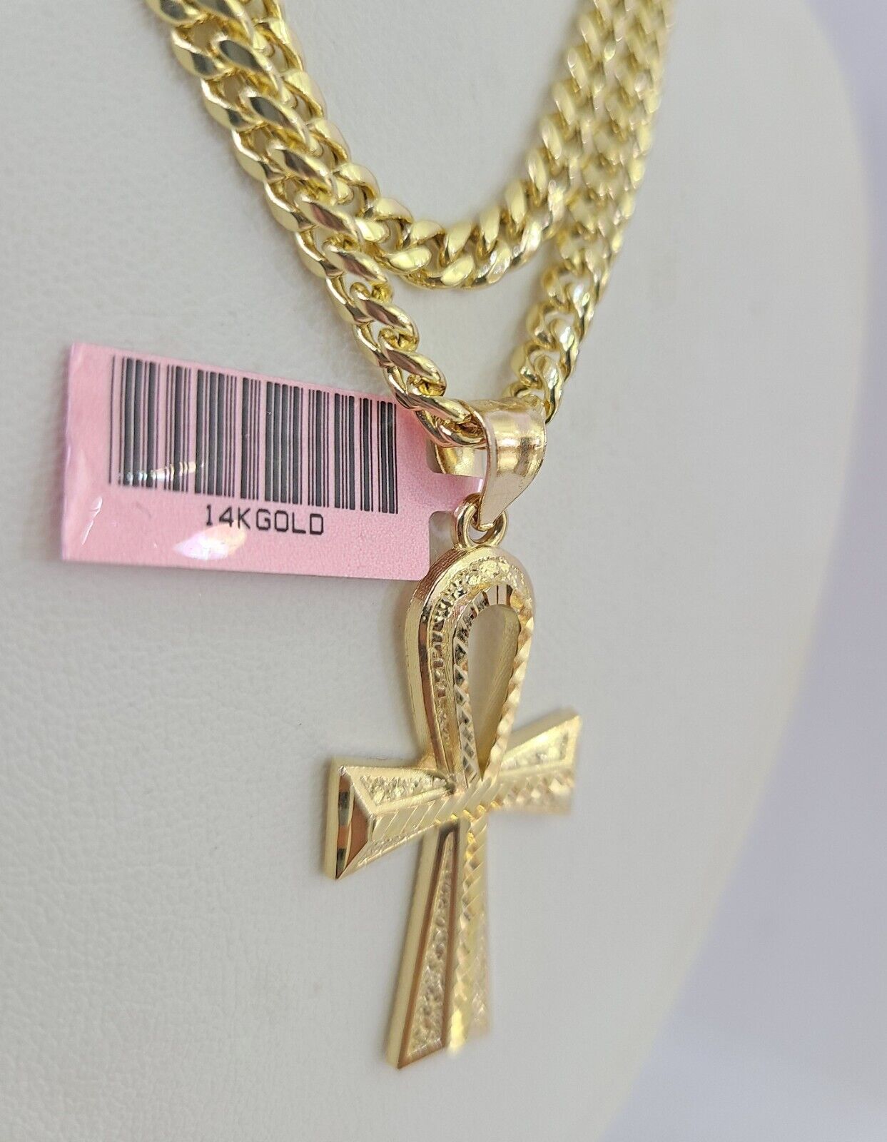 Real 14k Gold Chain Ankh Cross Pendant Set 14kt Miami Cuban Link Chain 5mm Charm