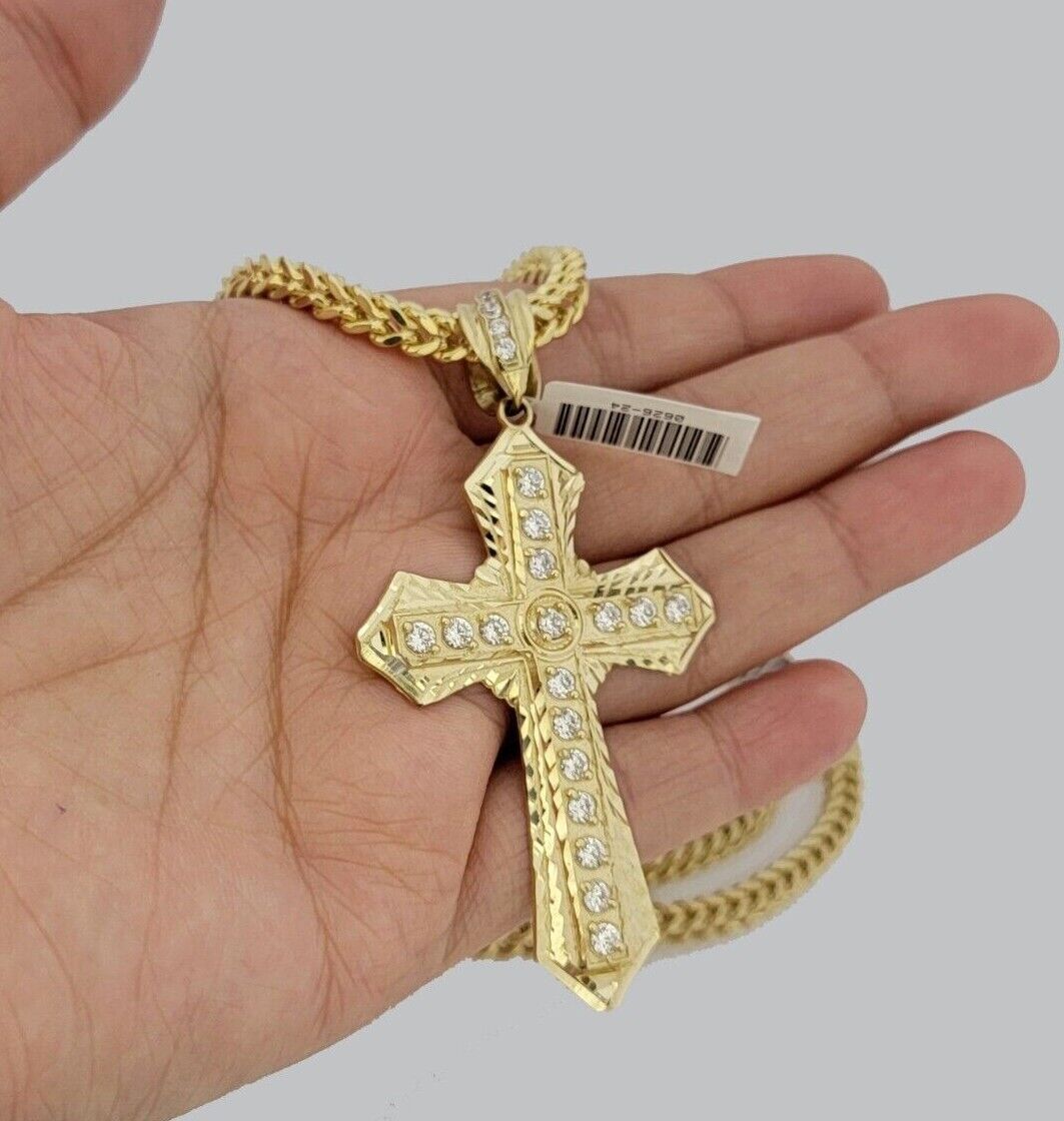 10k Yellow Gold Franco Chain Jesus Cross Charm Pendant 5mm 20-26 Inches Necklace