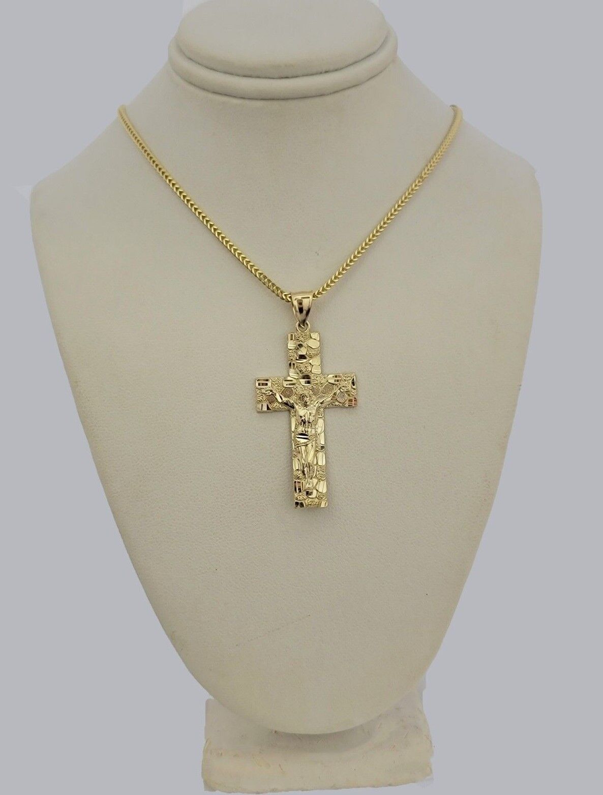 10k Gold Franco Chain Jesus Nugget Cross Charm Pendant 2mm 16-24 Inches Necklace