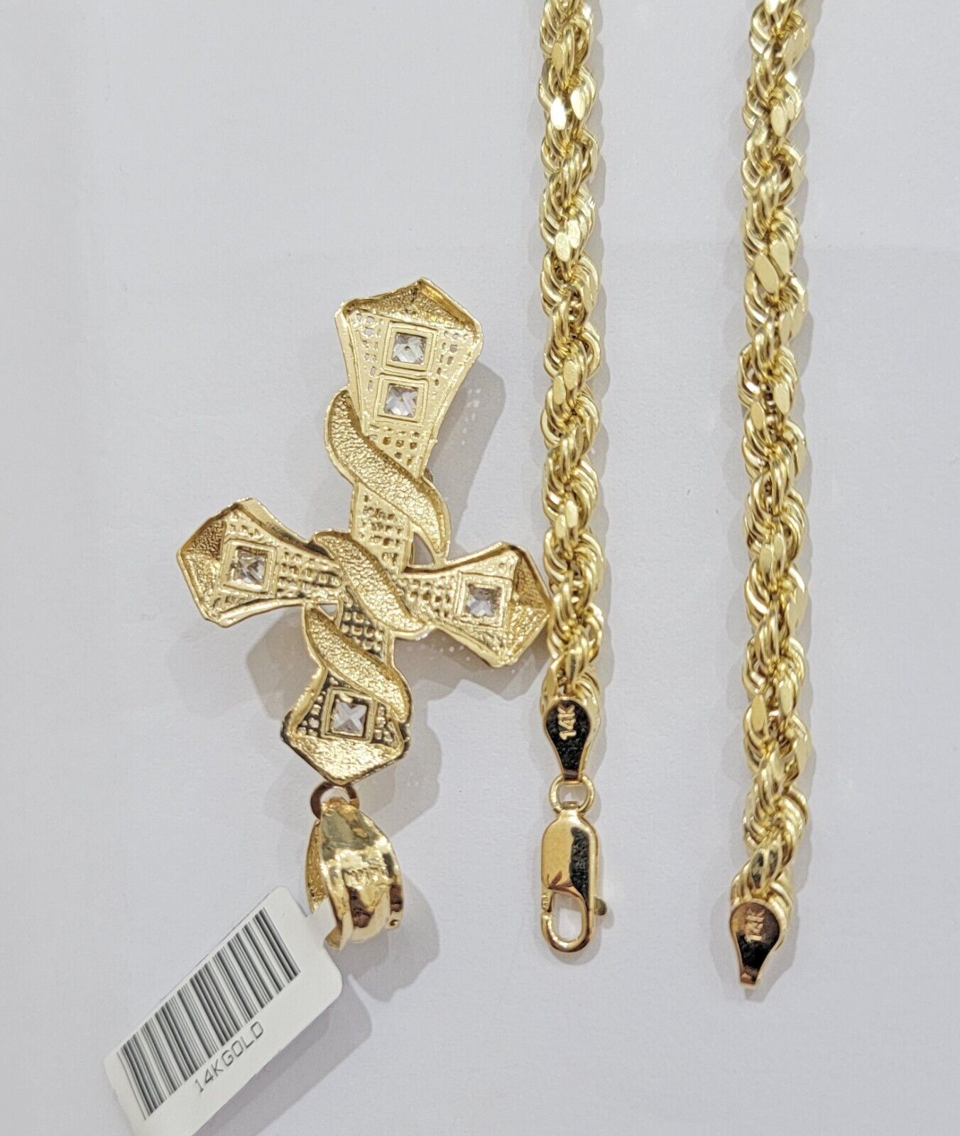 14k Gold Rope Chain Necklace Jesus Cross Charm Pendant Set 18-28" inch 5mm, REAL