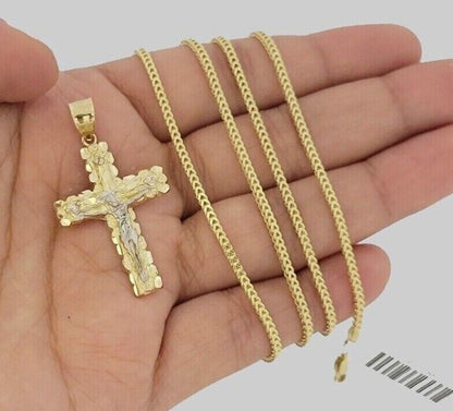 10k Gold Franco Chain Jesus Crucifix Cross Charm Pendant 2mm 16-24 Inch Necklace