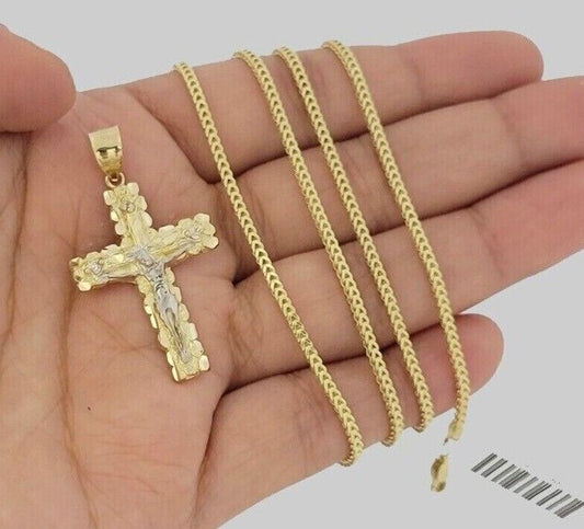 10k Gold Franco Chain Jesus Crucifix Cross Charm Pendant 2mm 16-24 Inch Necklace