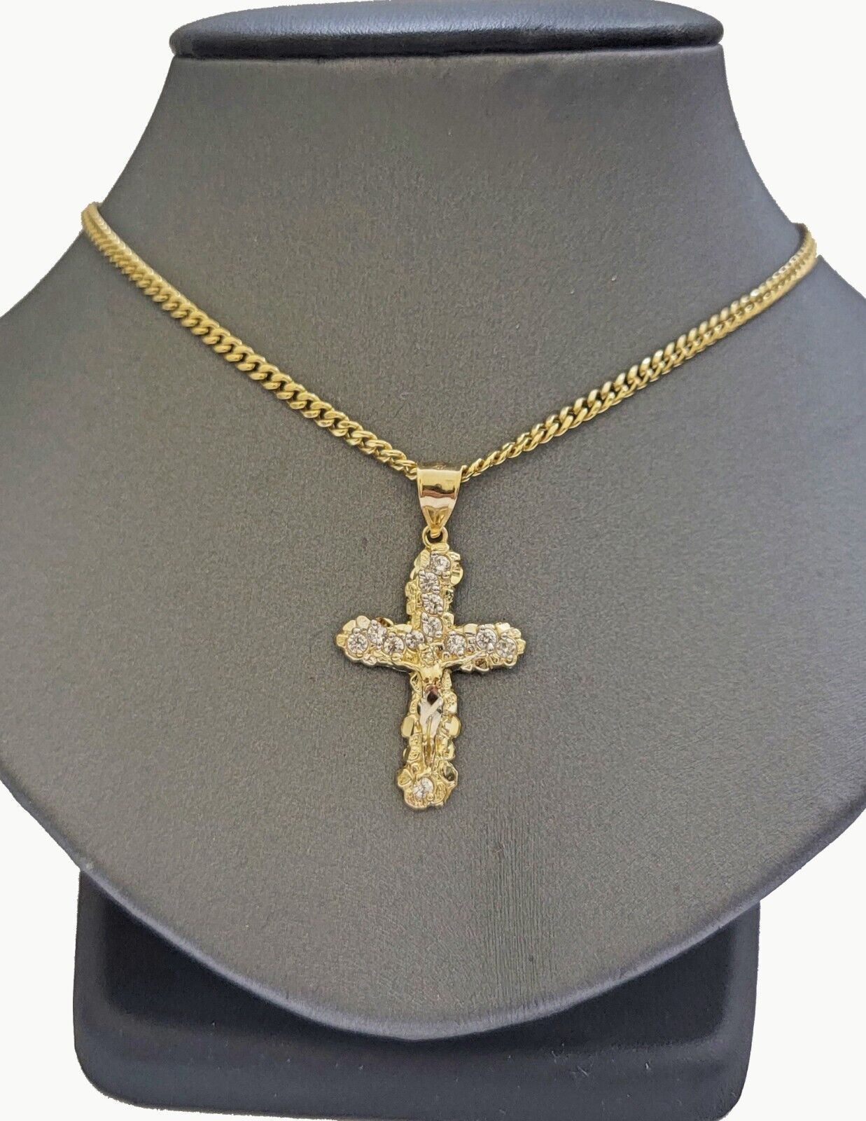 Real 10k Gold Jesus Cross Charm Chain Set Miami Cuban Link Necklace 2.5mm 18-26