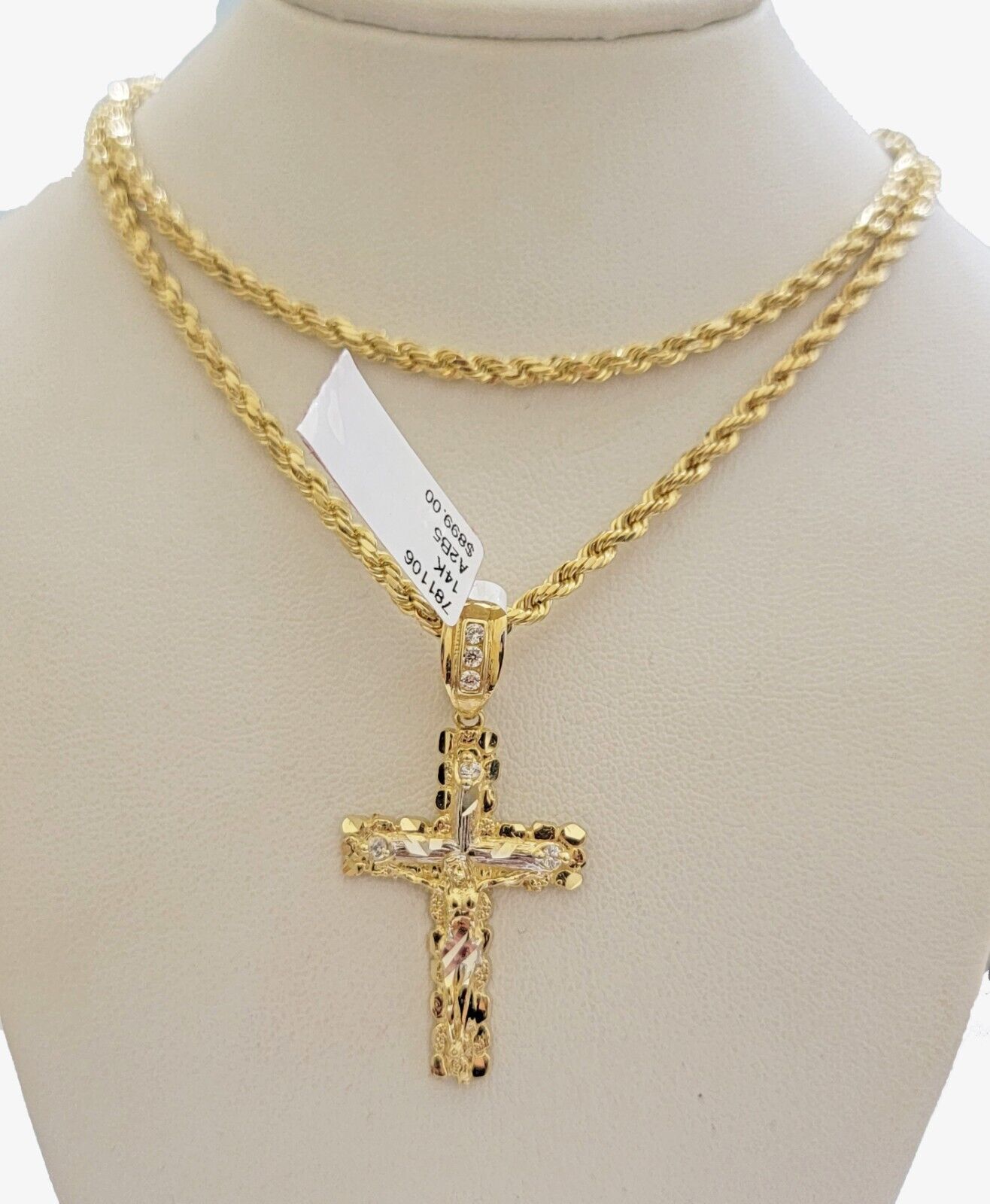 14k Gold Rope Chain Necklace Cross Charm Pendant Set 16-28