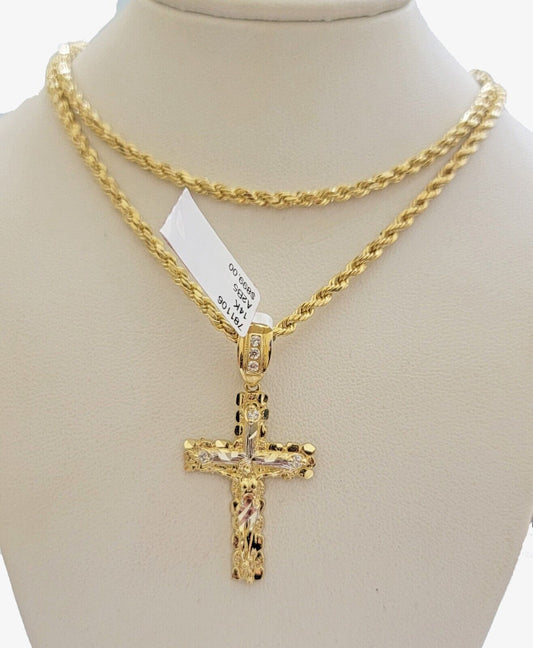 14k Gold Rope Chain Necklace Cross Charm Pendant Set 16-28" inch 3mm , Real 14KT