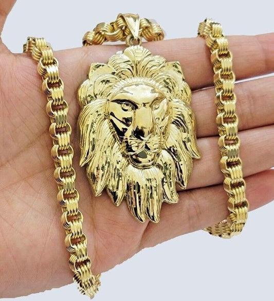 10kt Real Gold Box Byzantine Necklace Lion Charm Pendant SET 28 Inches Chain 6mm